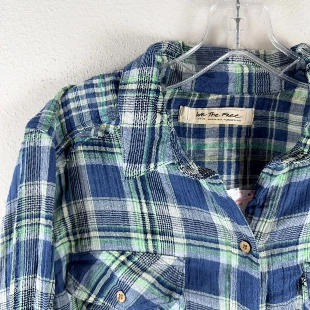 Free People L First Bloom Plaid Top Shirt Tie Front Cropped Boho Western Cowgirl